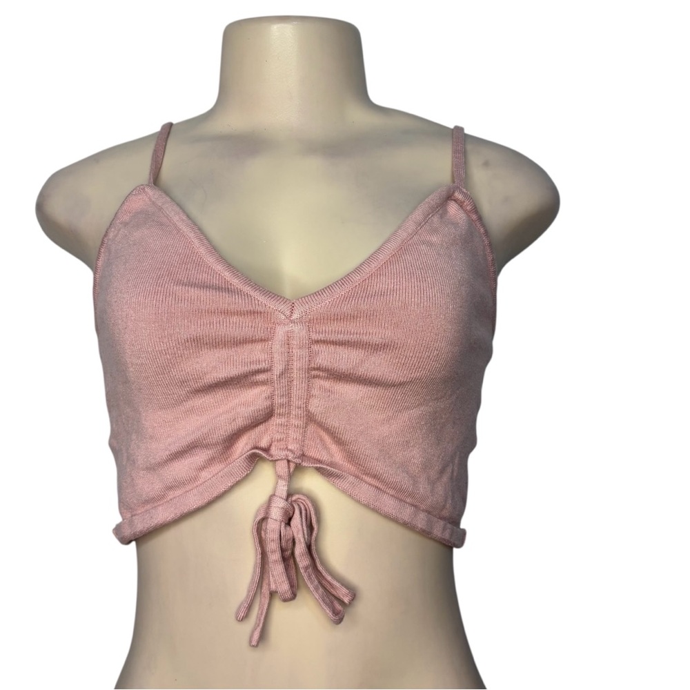 Pink Ribbed Drawstring Crop Top